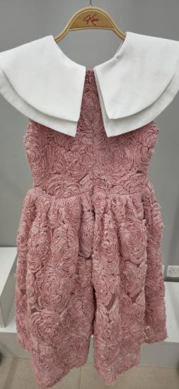 صورة فستان لحمي بقصة أنيقه على الكتف وتل ورود